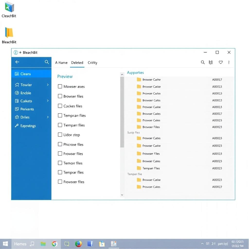 BleachBit interface on Windows showing cleaning options and file preview