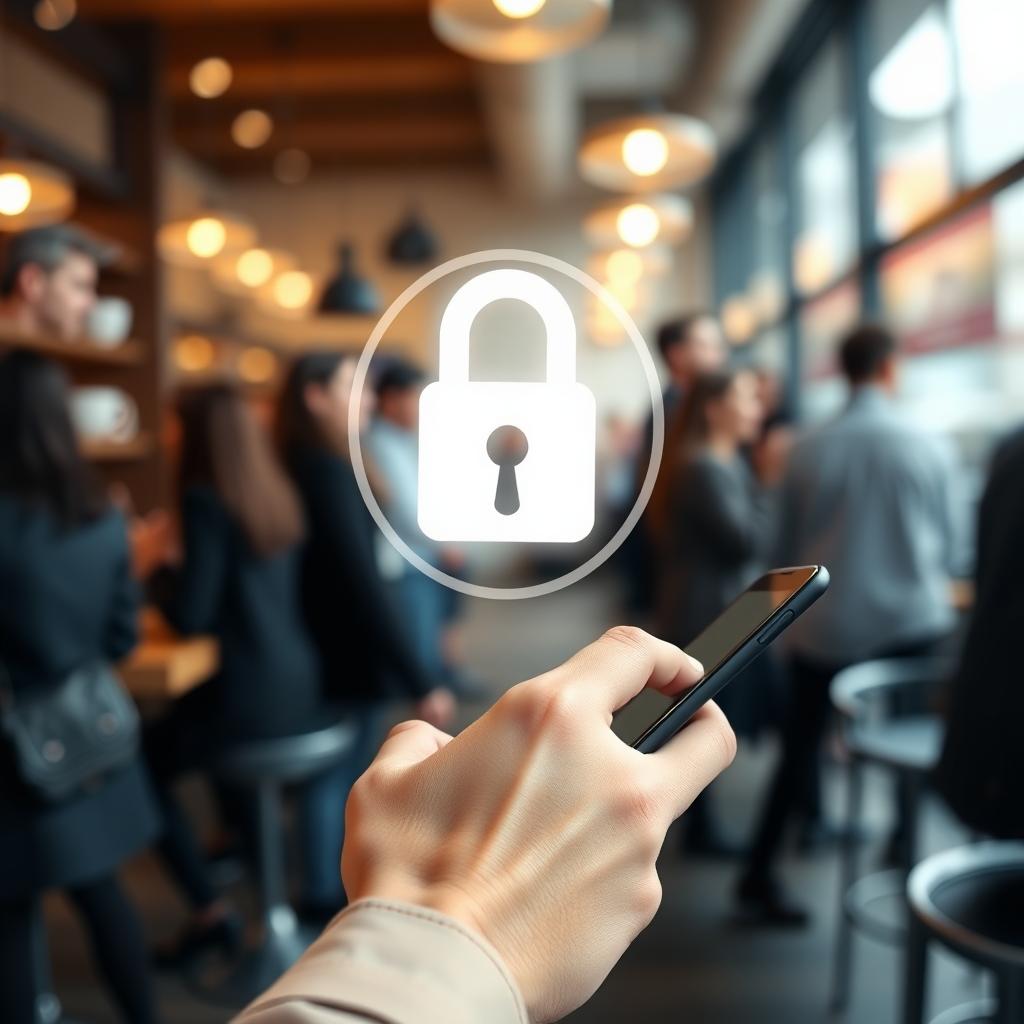 Hand typing on a smartphone with a padlock icon in a coffee shop
