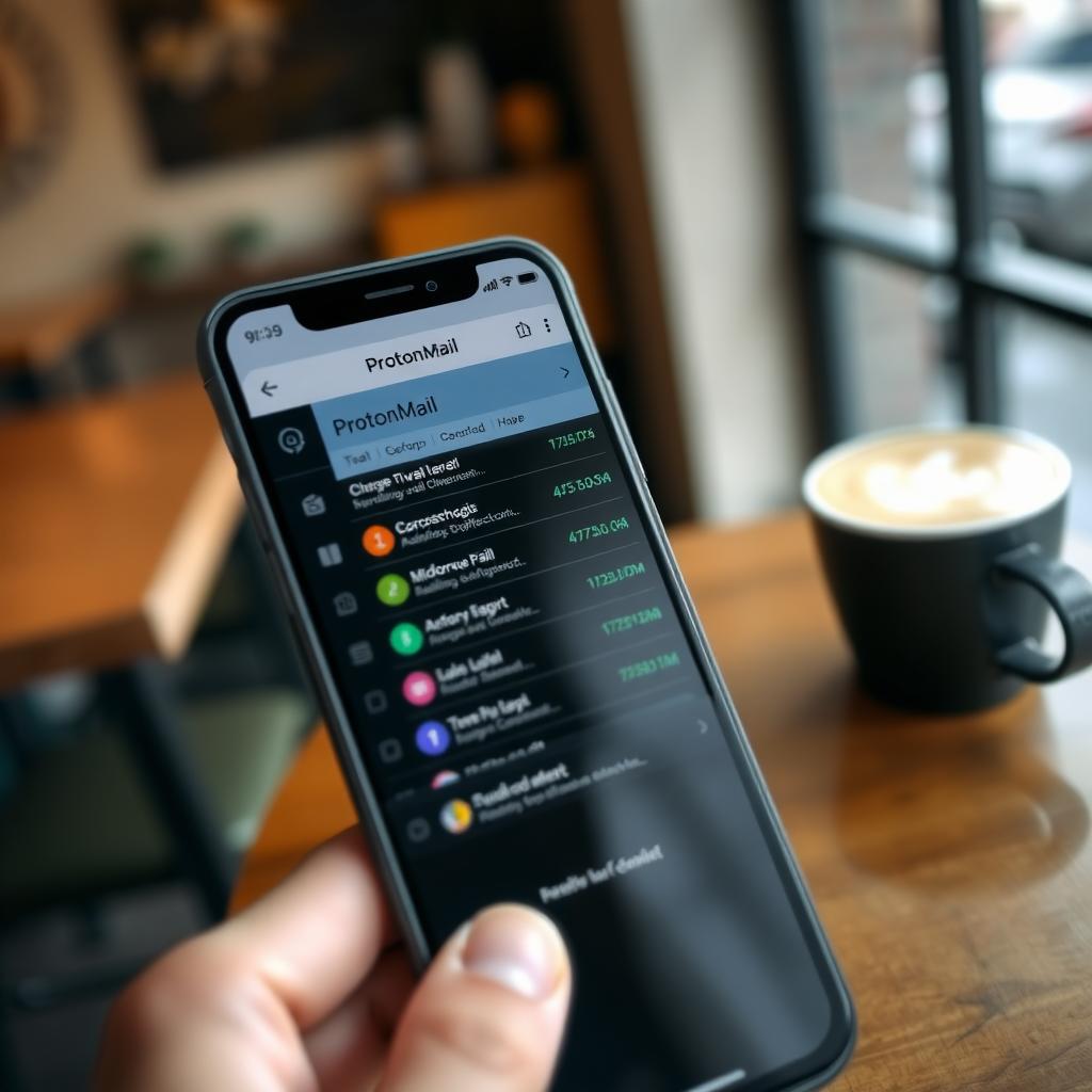 Smartphone displaying ProtonMail app in a coffee shop