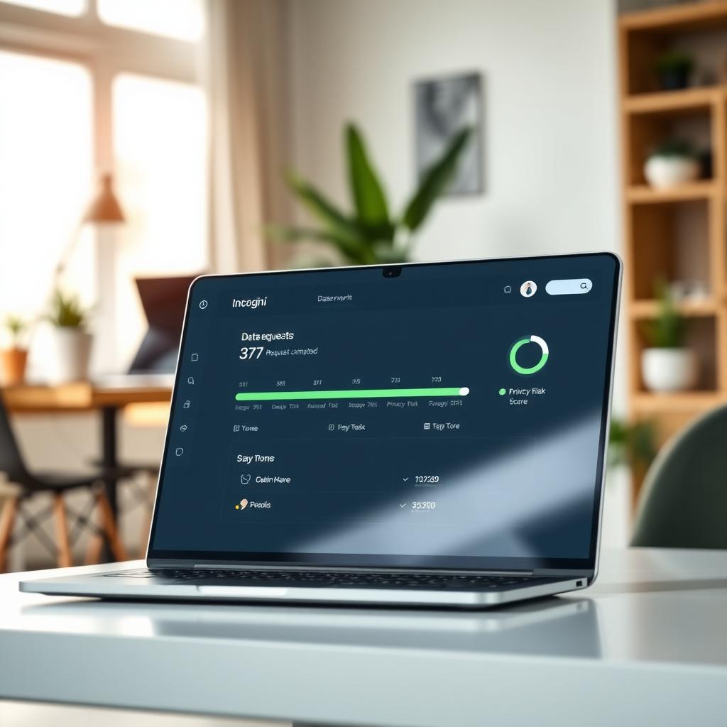 Laptop screen showing Incogni’s data removal dashboard with completed requests and a privacy score.