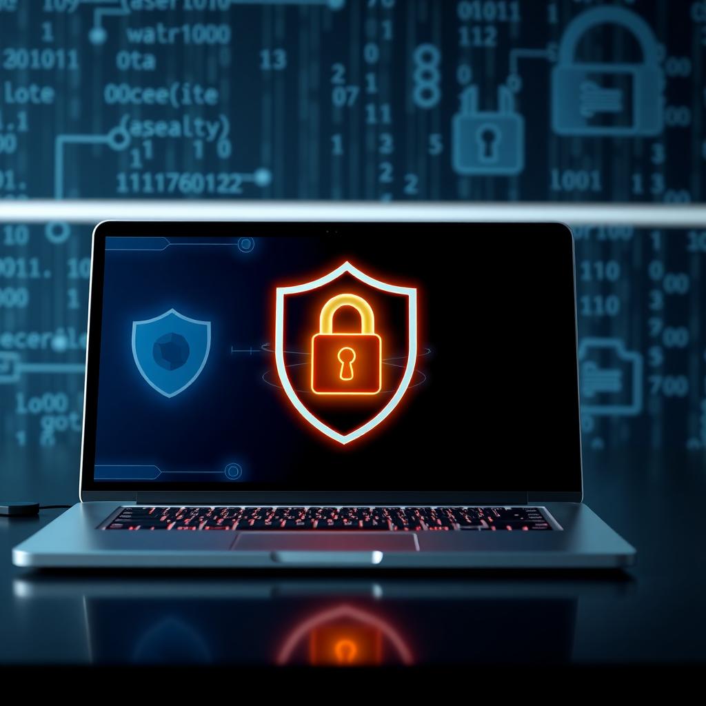 Digital lock and shield icon on a laptop screen symbolizing data protection.