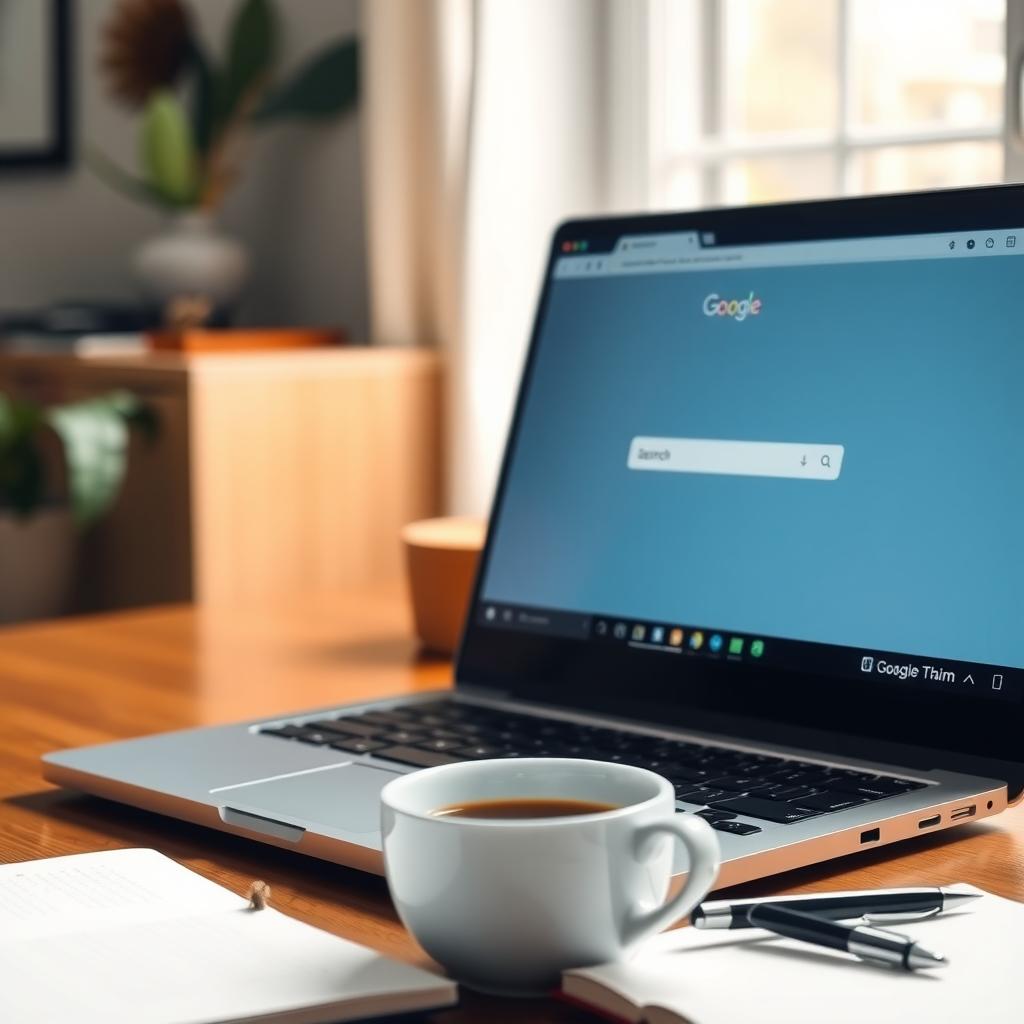 Laptop screen showing Google search results in a cozy home office with coffee and notebook.