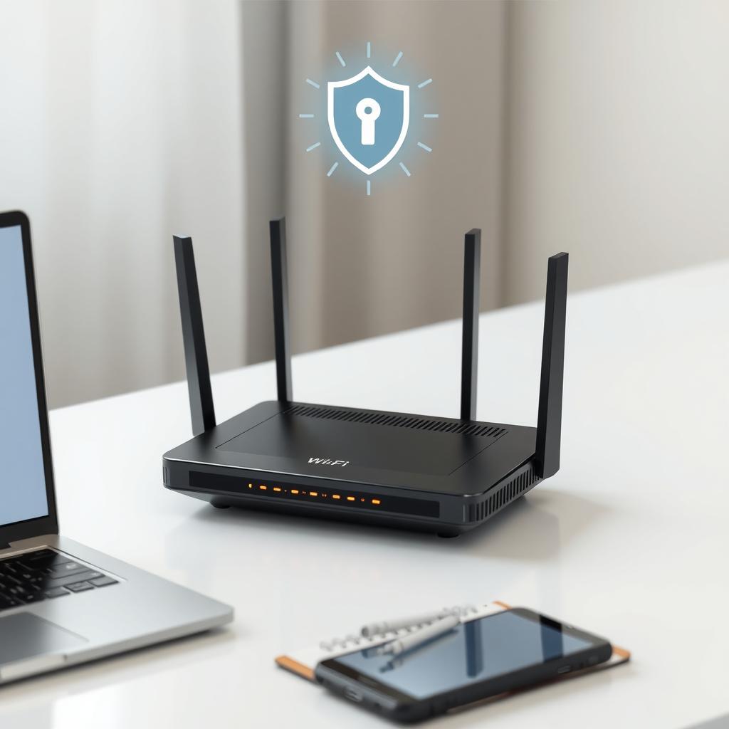Modern Wi-Fi router on a desk with a laptop, smartphone, and notepad, with a digital shield graphic indicating network security.