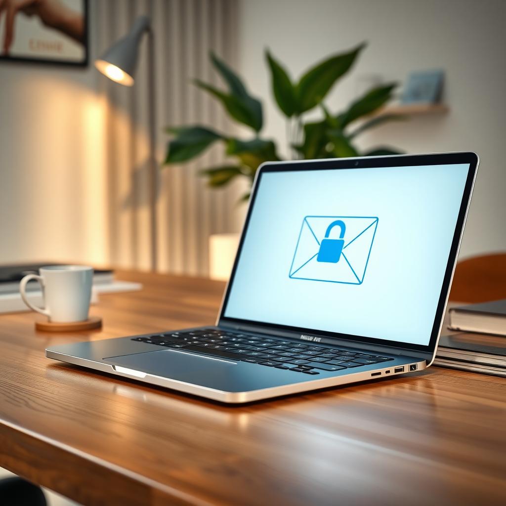 Laptop displaying a secure email interface with a padlock icon in a modern home office