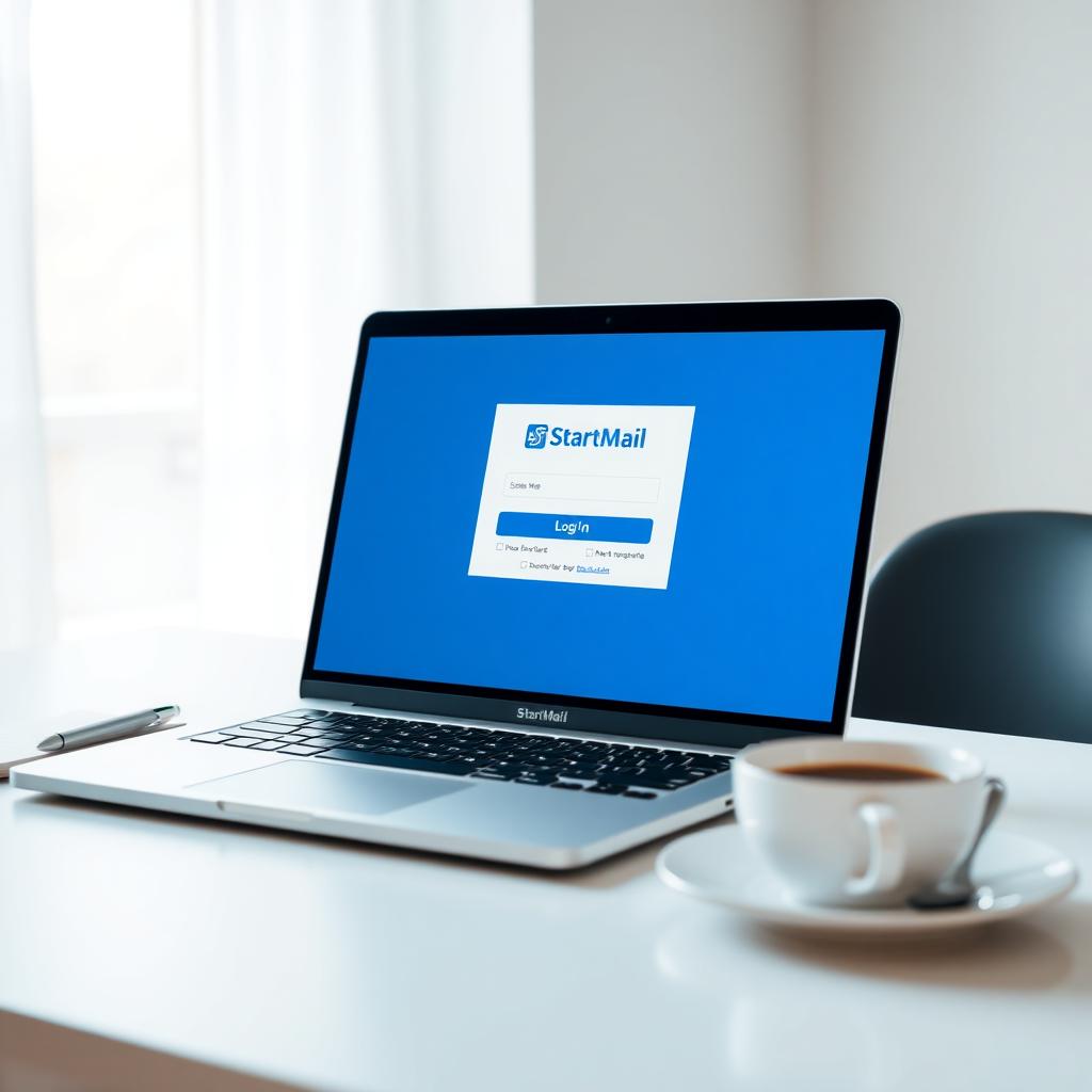 Laptop showing StartMail login page on a minimalist desk