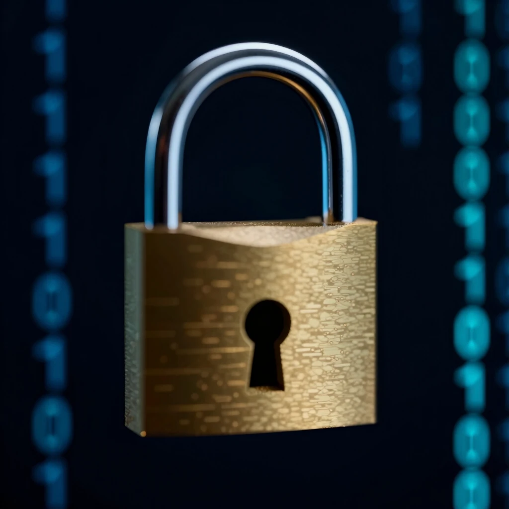 Binary code data being encrypted with a glowing padlock on digital background