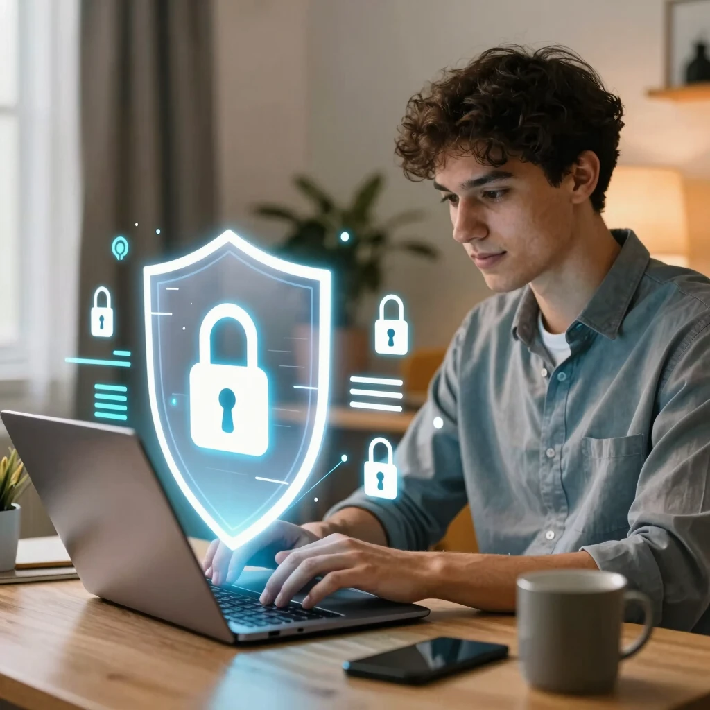 Person using laptop protected by a digital security shield