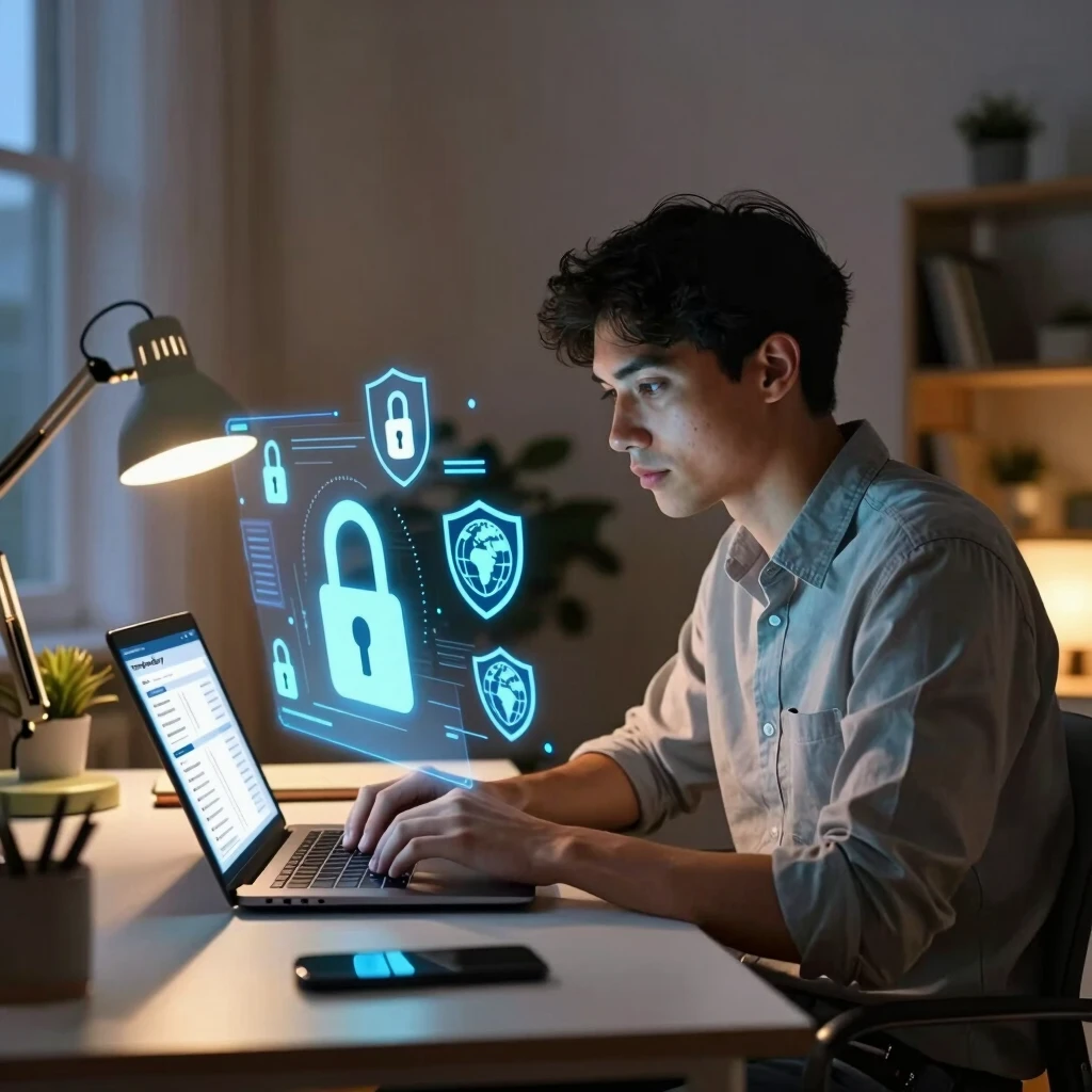 Tech-savvy user activating advanced privacy tools on a laptop in a cozy workspace