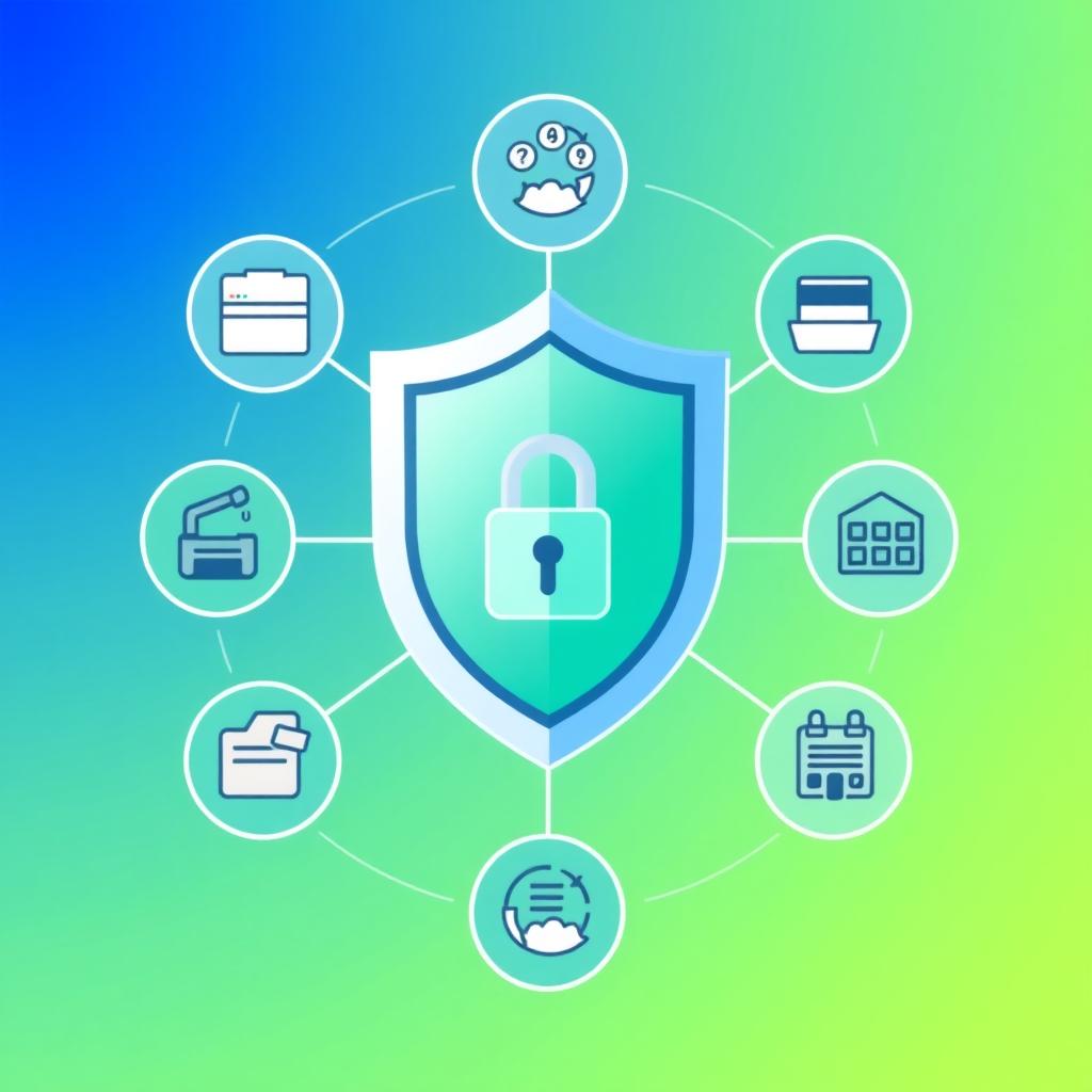 Digital illustration of a shield with a padlock and VPN feature icons on a blue-green gradient background.