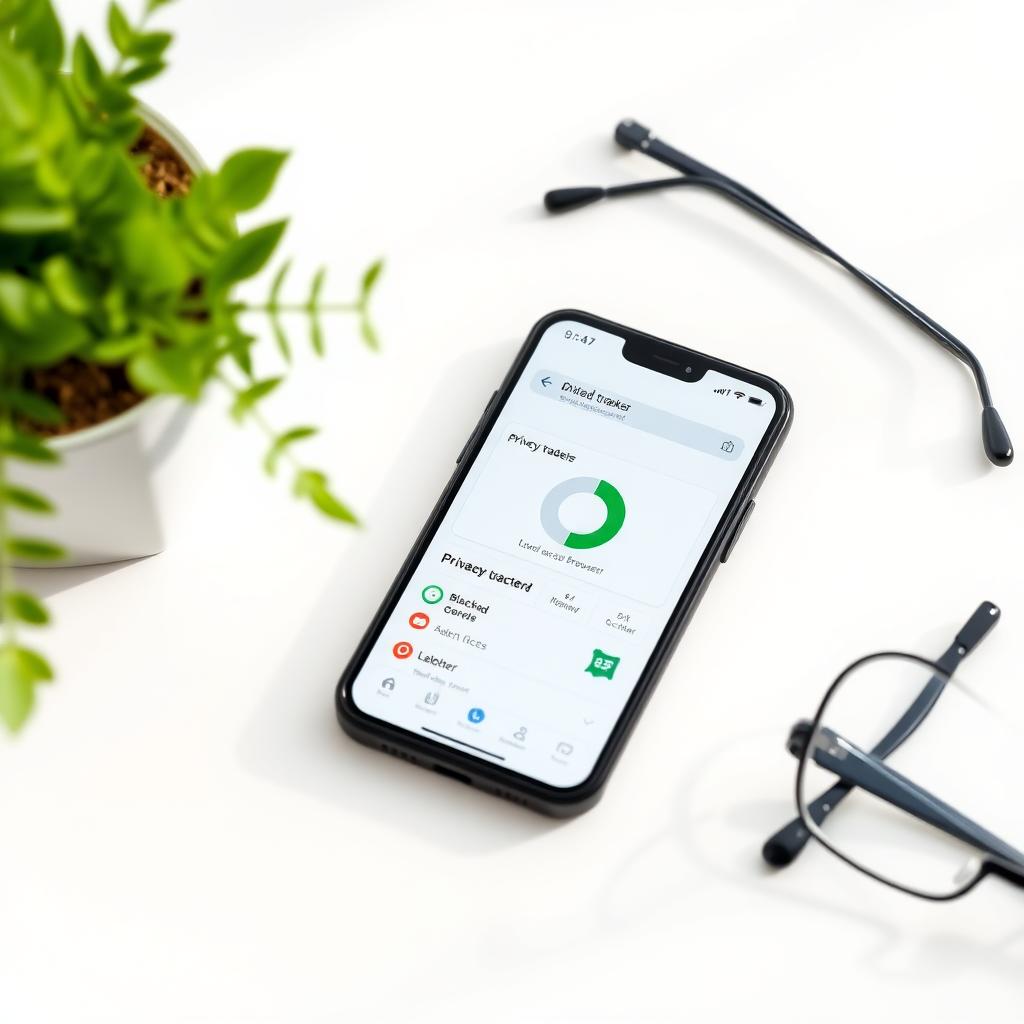 Smartphone showing Mullvad Browser privacy dashboard on a white table