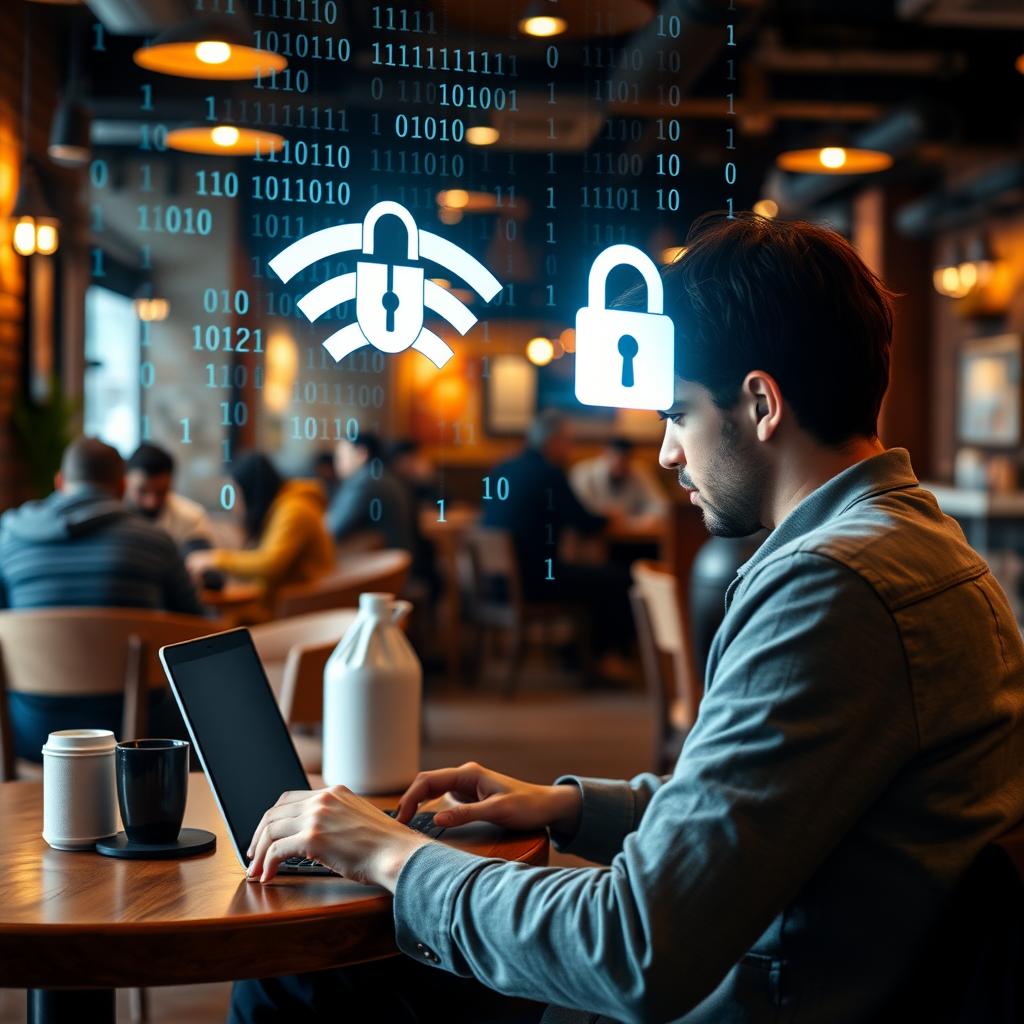 Person using a laptop in a coffee shop with digital cybersecurity symbols overlay