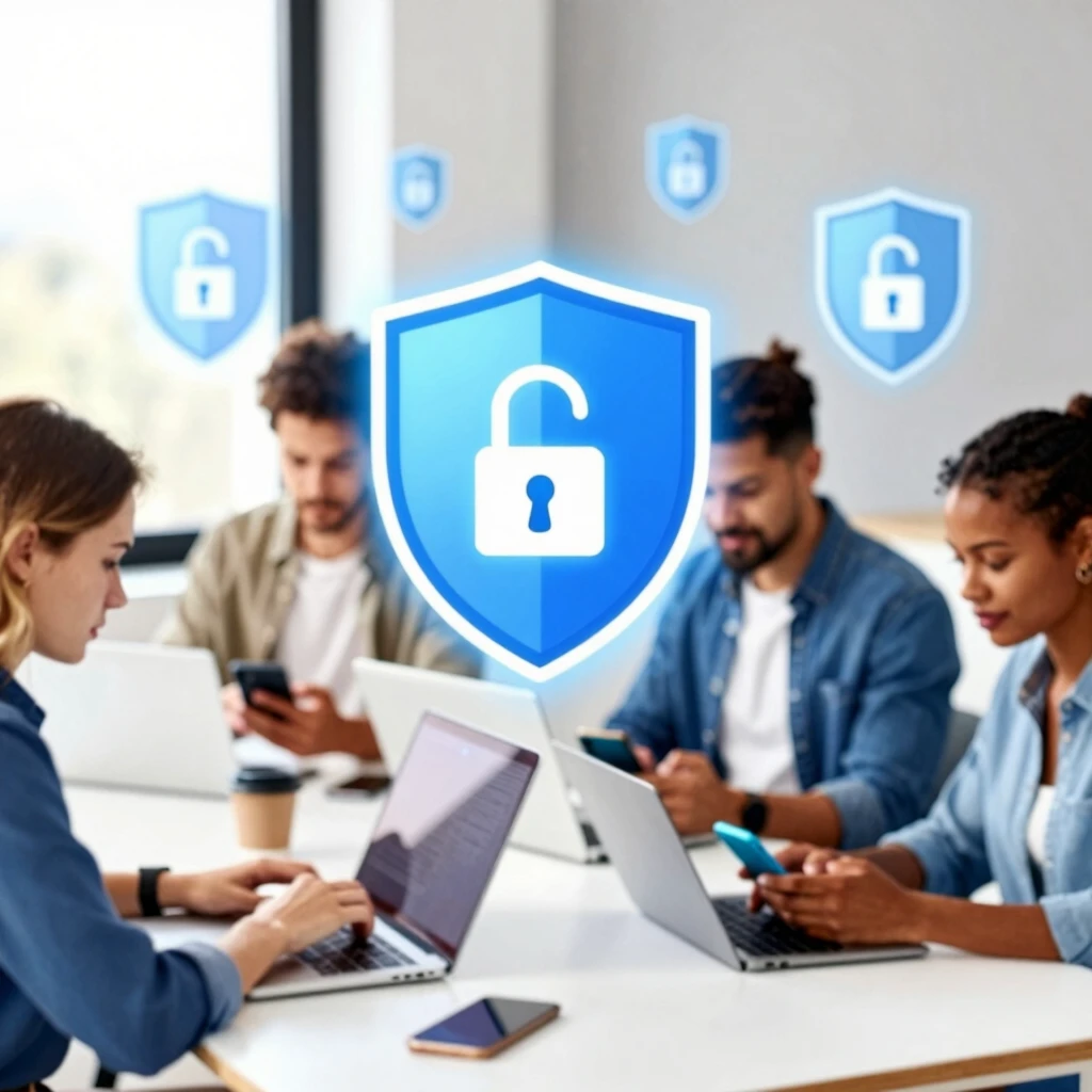 People protecting their online data with digital security symbols