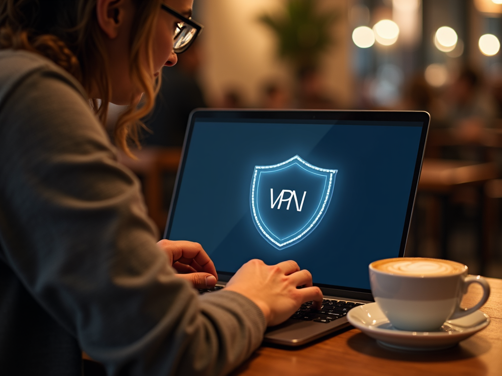 Person using a VPN on a laptop in a coffee shop.