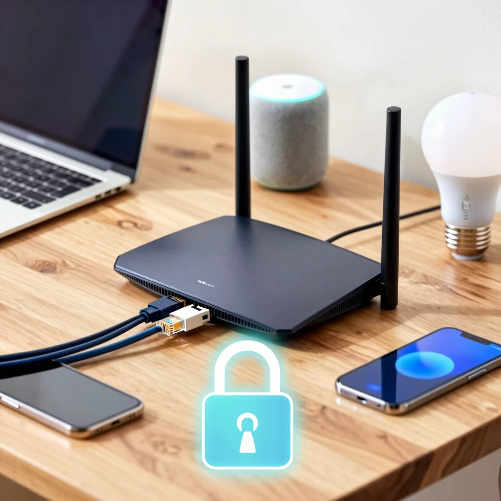 Modern home router setup with connected devices and a security lock icon