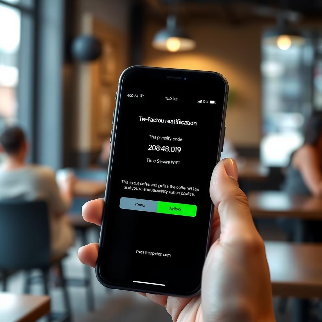 Smartphone showing a two-factor authentication app in a coffee shop
