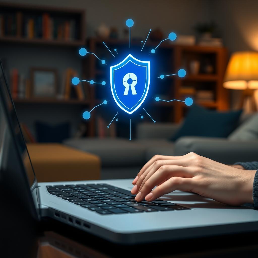 Hands typing on a laptop with a digital shield icon in a cozy living room