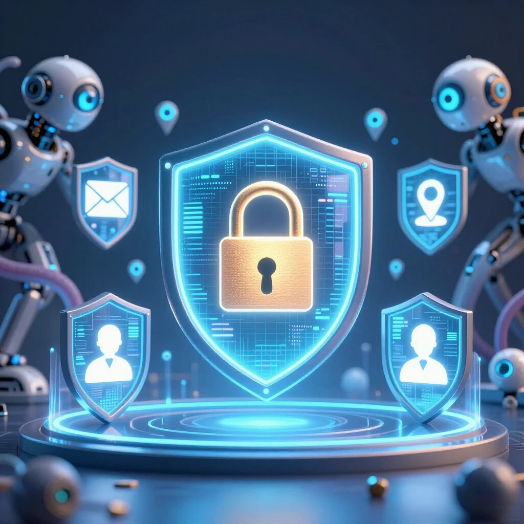 Digital shields protecting personal information icons from AI data collectors