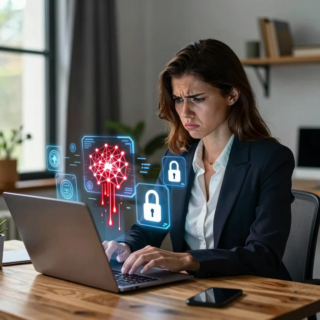 Woman protecting her online privacy from AI data leaks at home