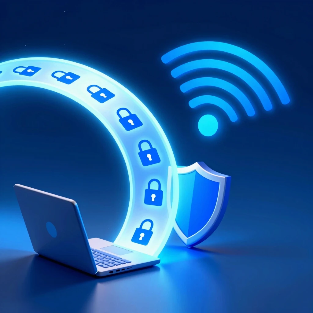 Illustration showing VPN tunnel encrypting data on public Wi-Fi with lock icons