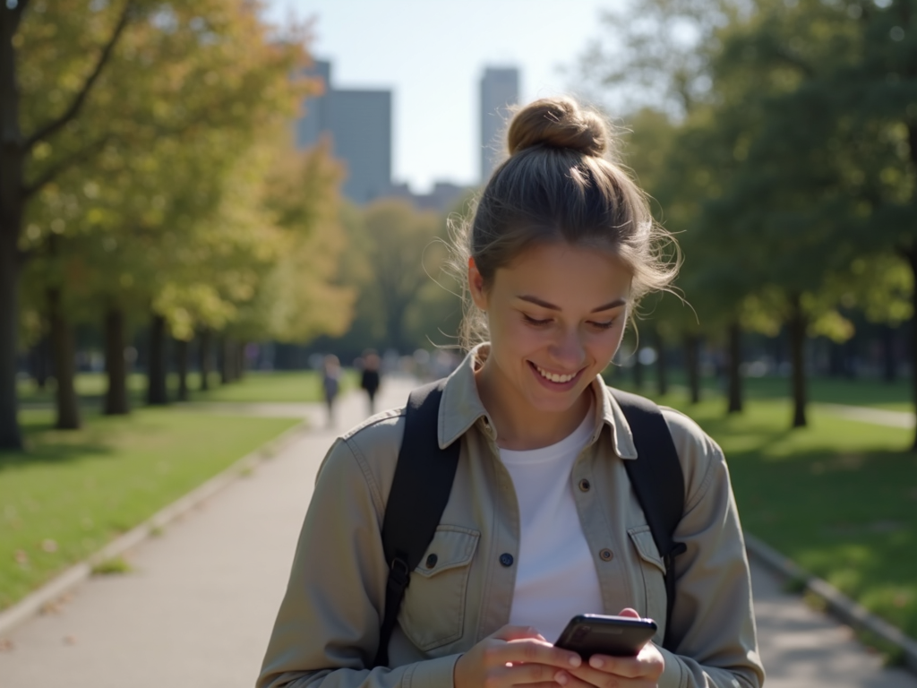 Person using privacy-focused browser on phone in city park