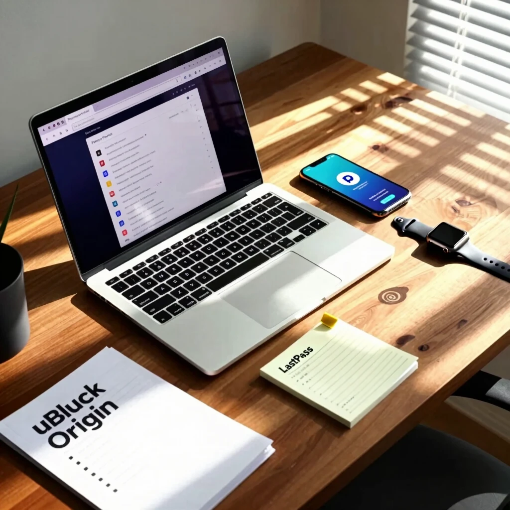 Desk setup showcasing various online privacy tools in action