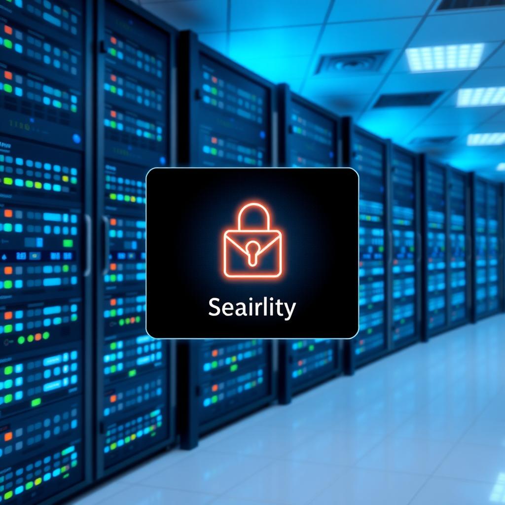 A secure server room with glowing servers and a digital display showing 'Email Security' and a padlock icon.
