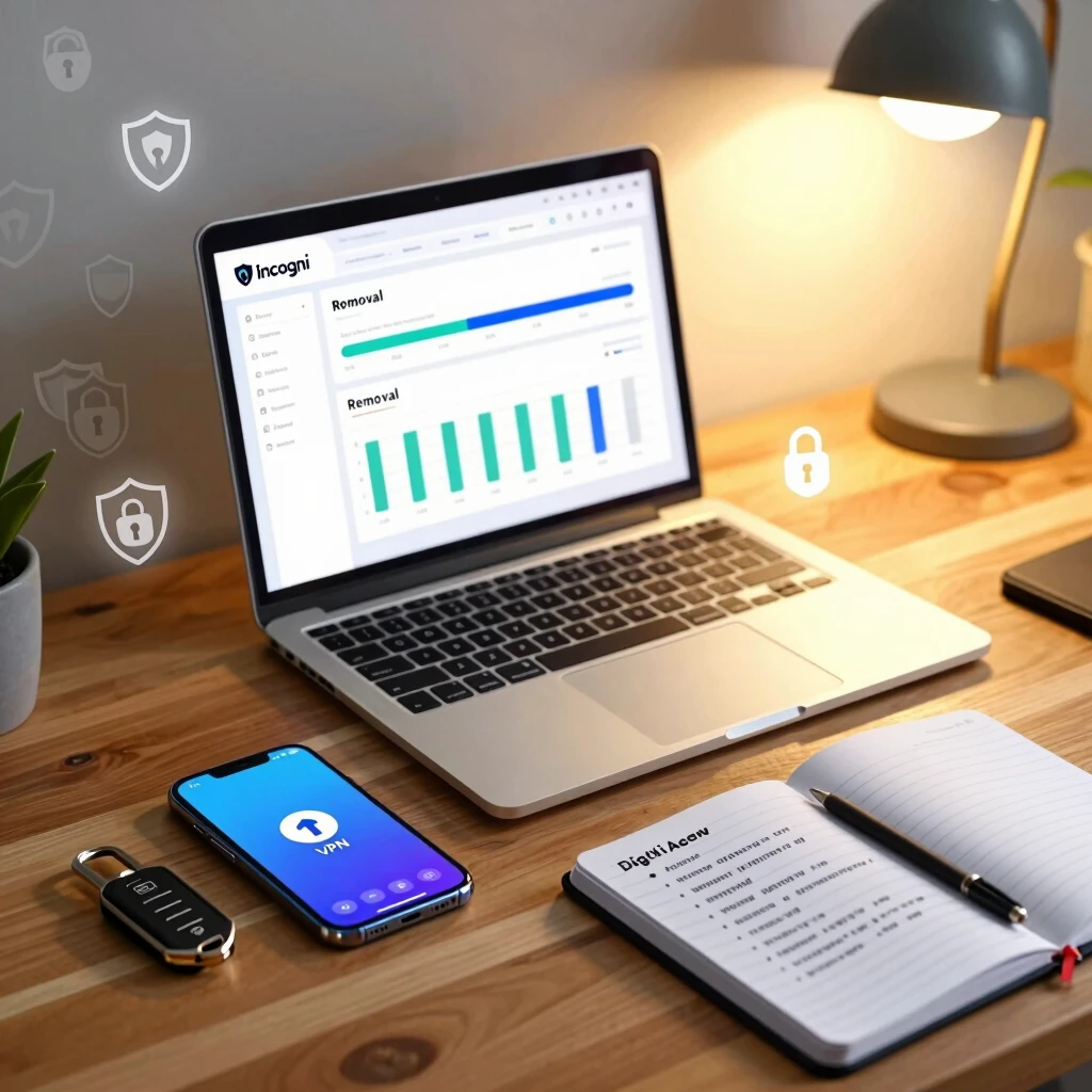 Desktop setup showcasing key online privacy tools including Incogni, VPN, and password manager for enhanced security.