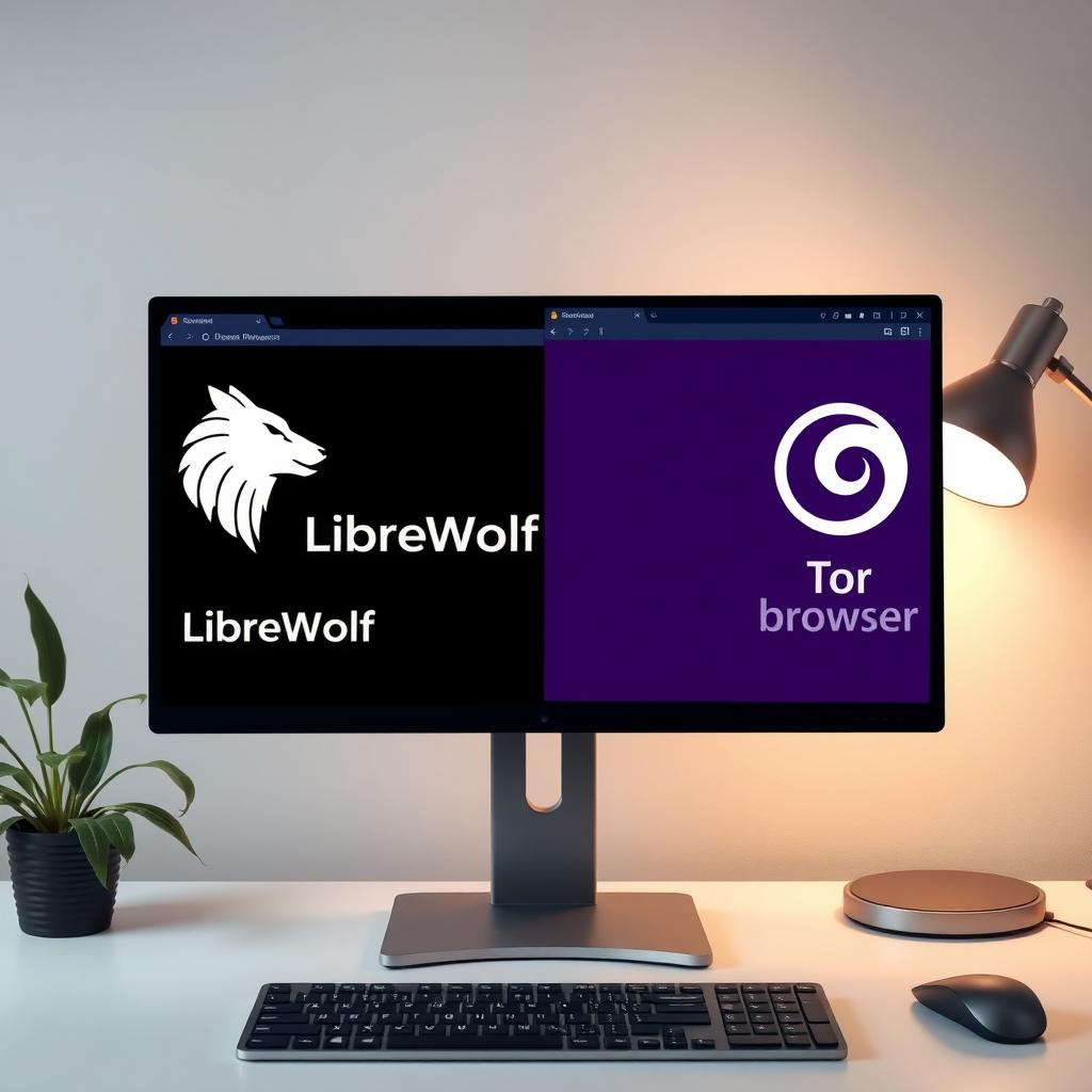 Computer screen comparing LibreWolf and Tor browsers on a minimalist desk