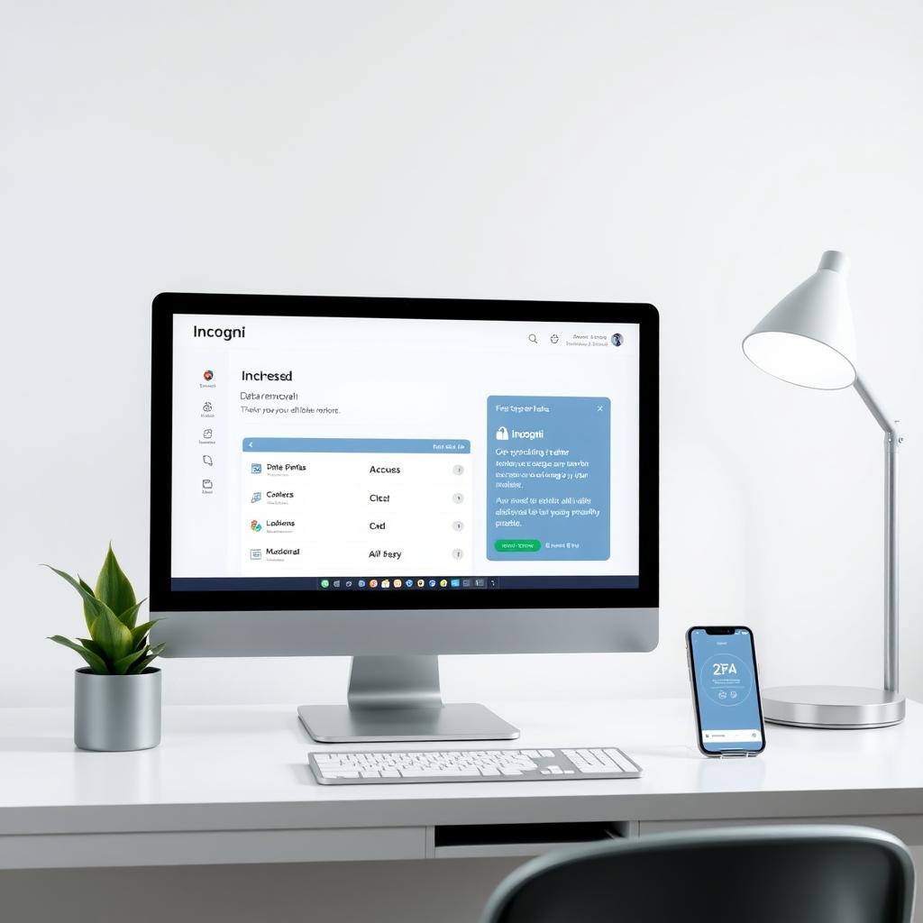 Computer monitor showing Incogni dashboard on a modern desk with a plant and smartphone.