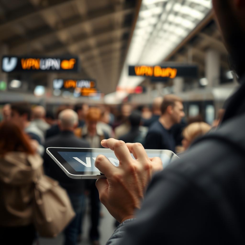 Tablet user with VPN app in busy train station.