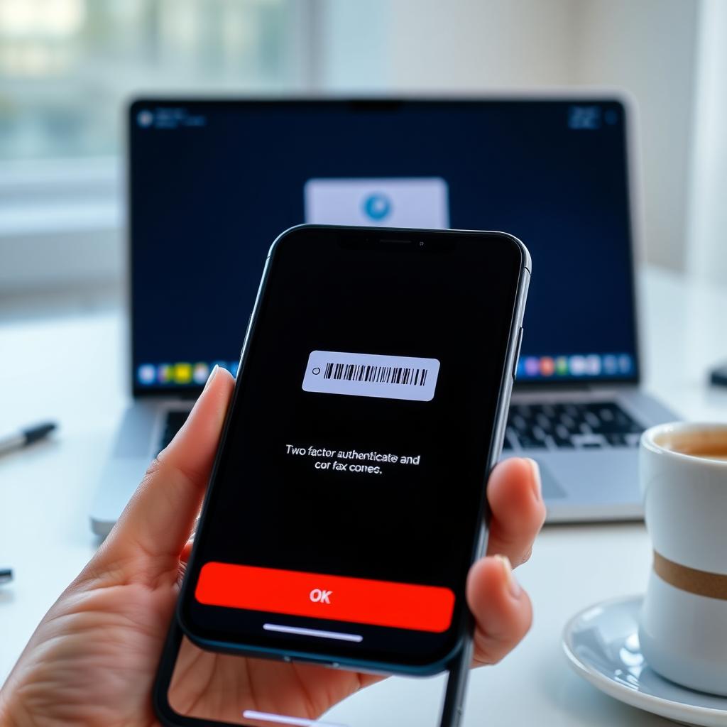 Smartphone displaying a two-factor authentication code next to a laptop login screen.