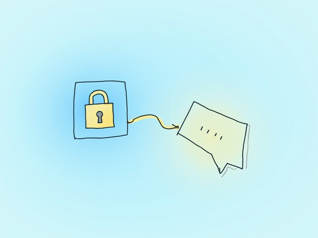 Illustration of a padlock securing two chat bubbles, representing encrypted messaging.