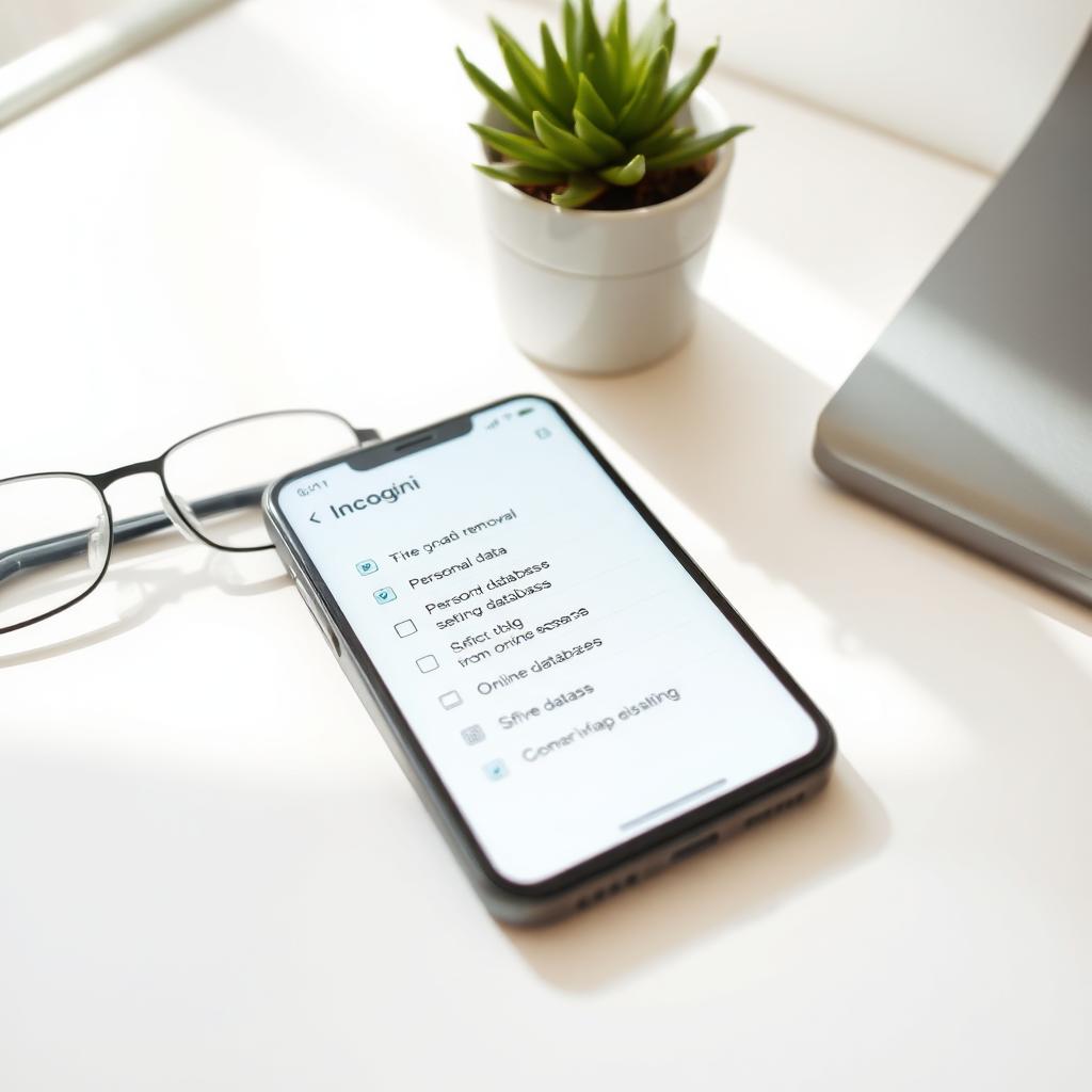 Smartphone displaying Incogni’s data removal setup screen on a white desk with glasses and a potted plant.