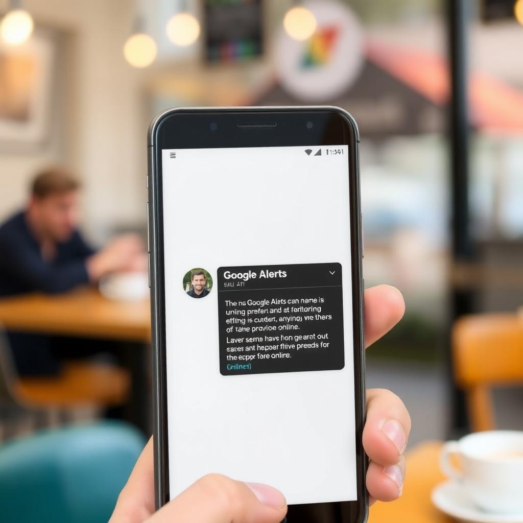 Smartphone showing a Google Alerts notification in a coffee shop setting.