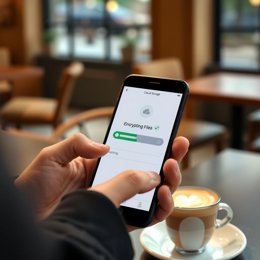 Person uploading files to a secure cloud storage app on a smartphone in a coffee shop
