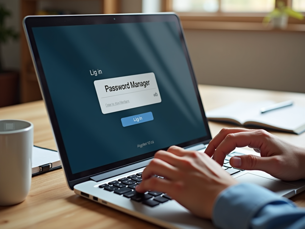 Person logging into password manager on laptop with coffee and notepad nearby.