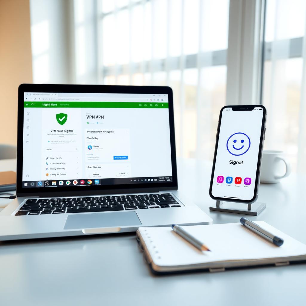 A modern desk with a laptop showing a VPN interface, a smartphone displaying the Signal app, and a notepad, symbolizing online privacy tools.