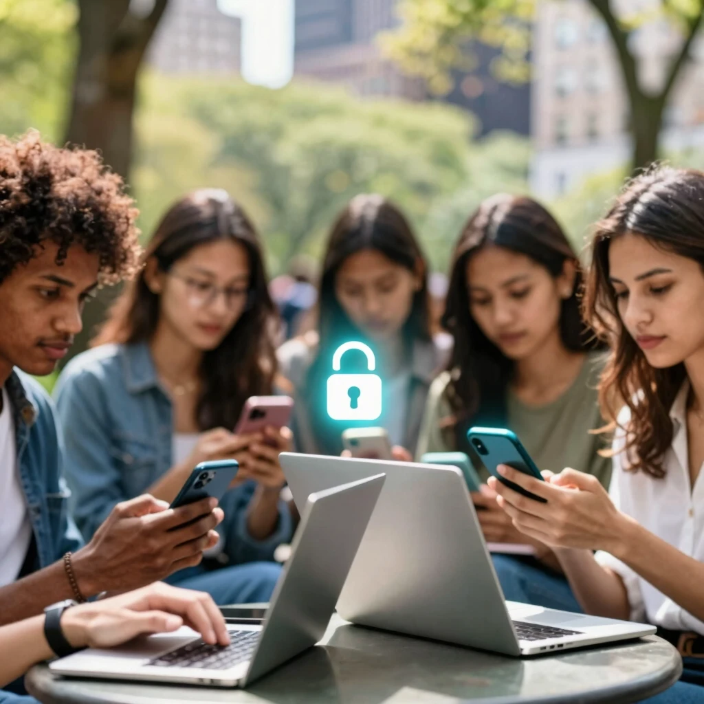 People securing their data in a public park