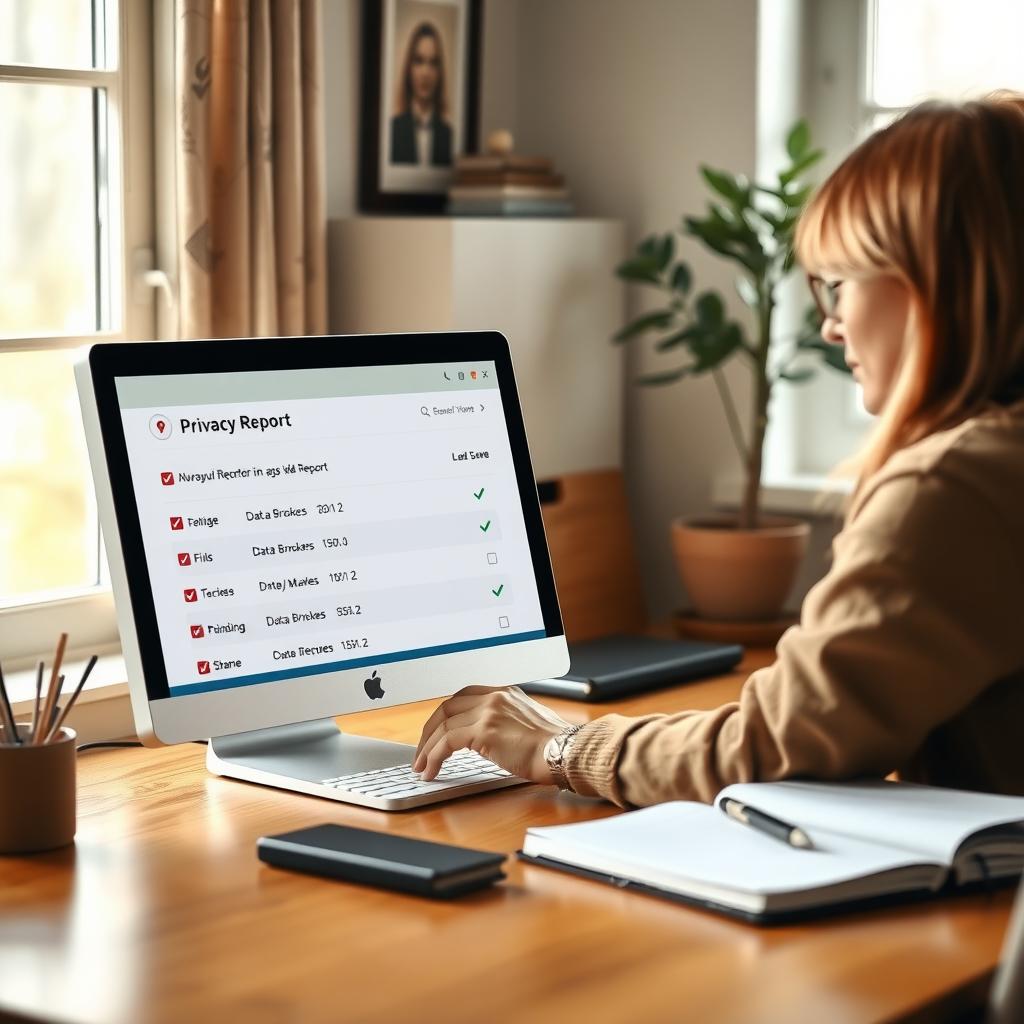 Person reviewing a privacy report on a computer, showing successful data removal from brokers.