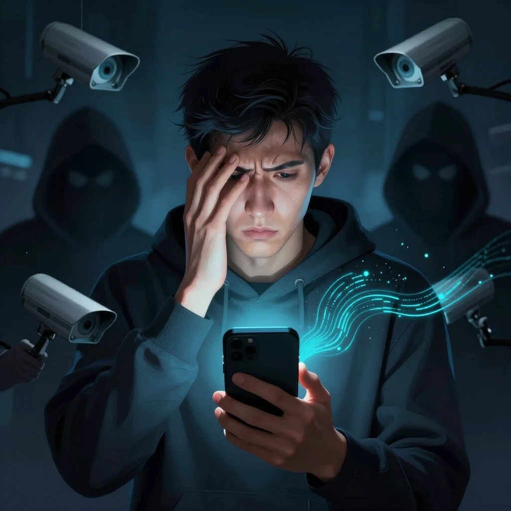 Person concerned about phone privacy with shadowy threats in background