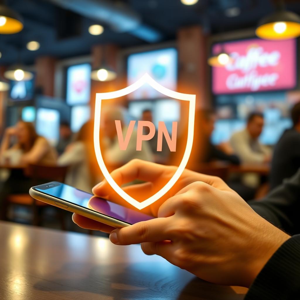 Person using a smartphone with a VPN shield icon in a coffee shop