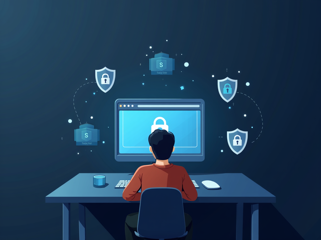Illustration of a person using a laptop with privacy protection