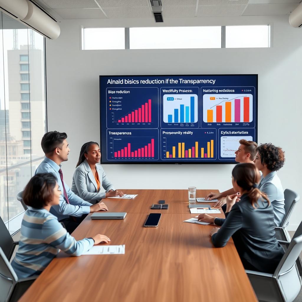 Professionals discussing AI ethics with data charts in a modern office