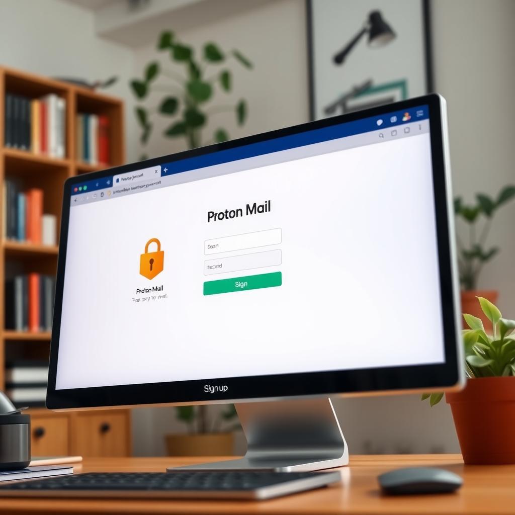 Computer screen displaying Proton Mail signup page with a lock icon, in a cozy home office.