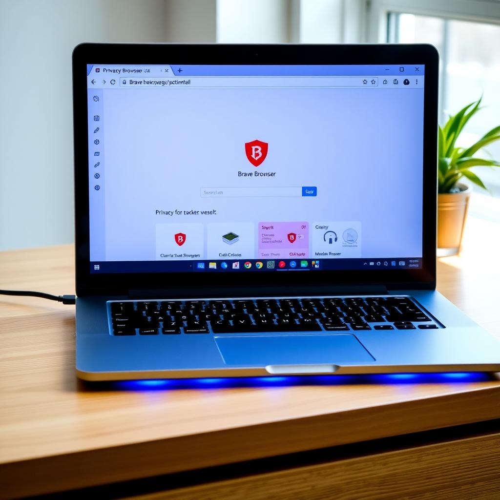 Laptop showing Brave Browser's privacy dashboard on a wooden desk with a plant