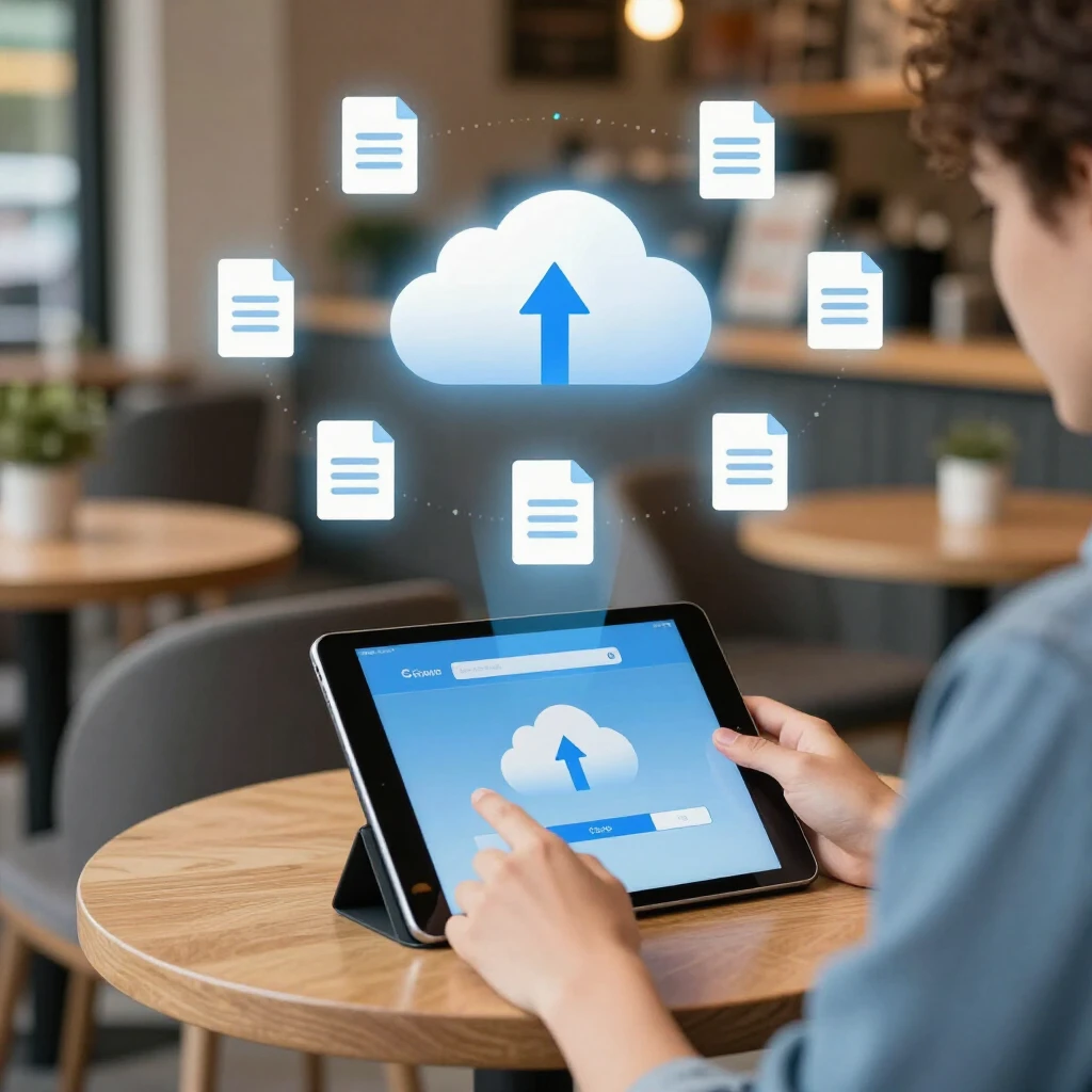 Person accessing cloud files on tablet in a cafe