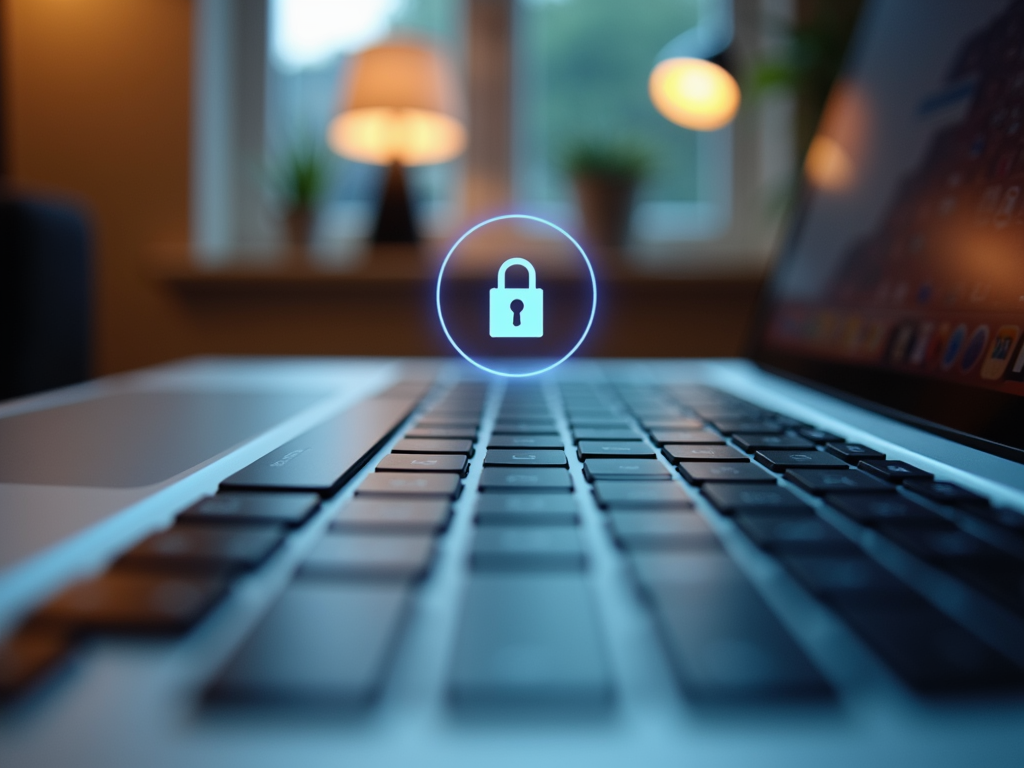 A MacBook keyboard with a faint lock icon hovering above it