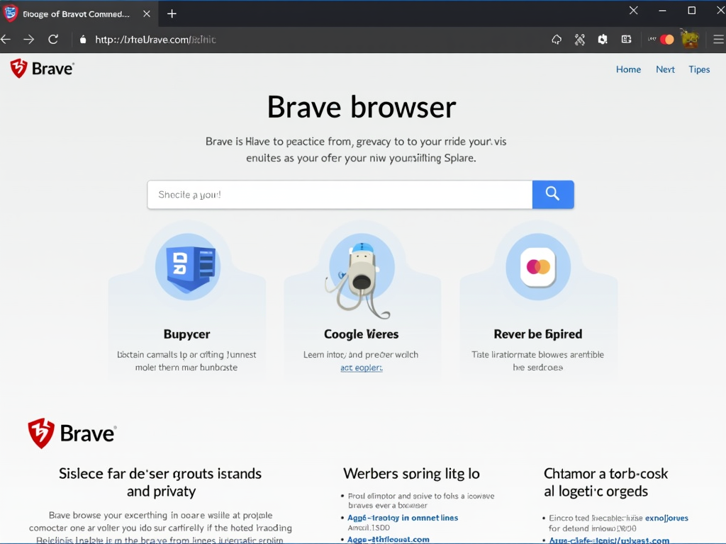 Brave Browser homepage with privacy features highlighted.