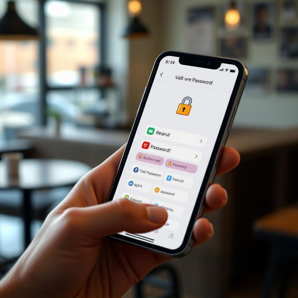 Smartphone displaying a password manager app in a coffee shop