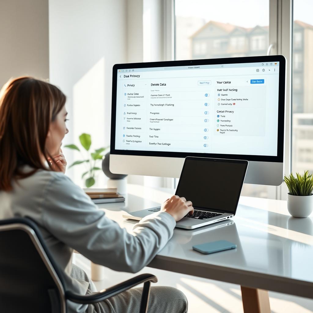 Person reviewing data privacy settings on a laptop in a bright home office.